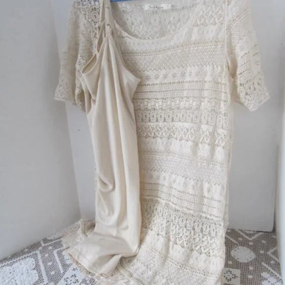 SOLD 2 pc Beautiful Boho Lace Dress Fringe Bottom Dresses Ivory lace bohemian - Picture 4 of 6